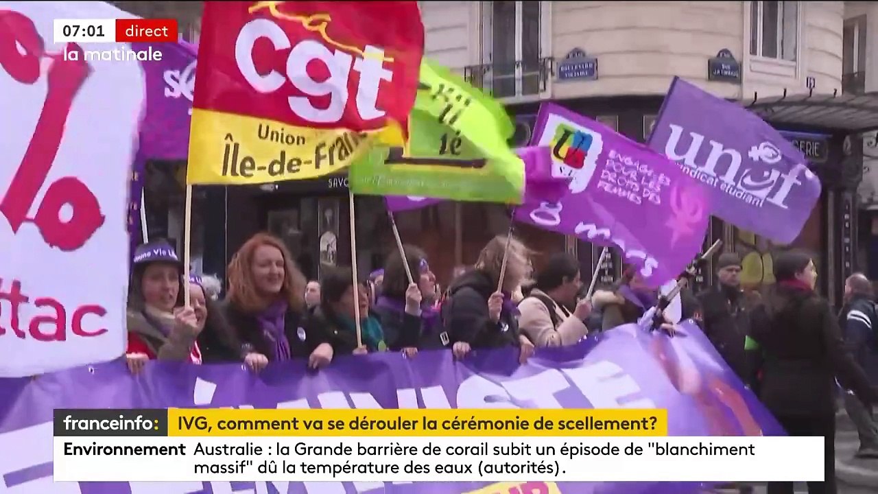 La cérémonie de scellement de l'IVG dans la Constitution se tiendra aujourd'hui à midi, journée internationale des droits des femmes, devant le ministère de la Justice, Place Vendôme