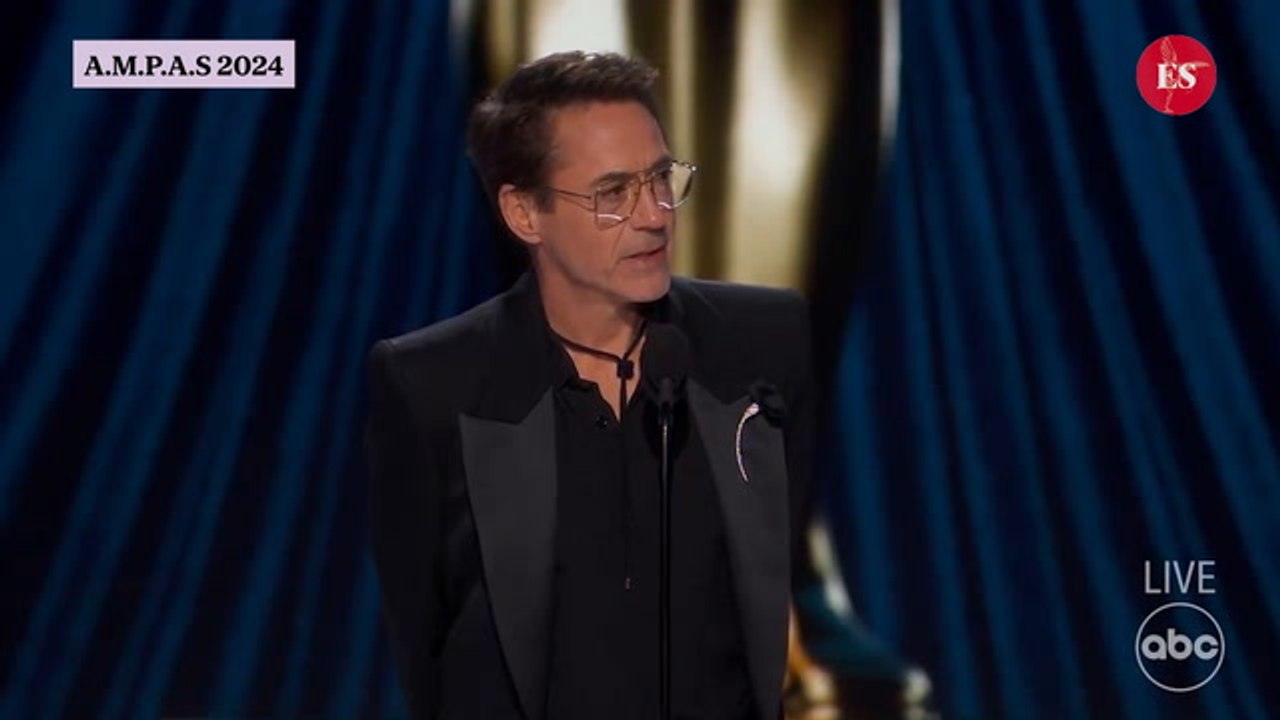 Robert Downey Jr. accepts his first Oscar for Actor in a Supporting Role for Oppenheimer
