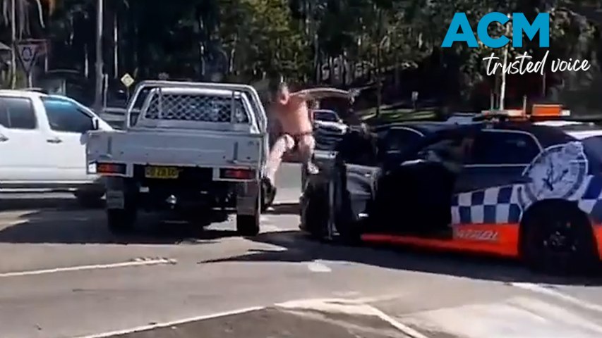 A wanted shirtless man has led police on a chaotic chase through the Central Coast, allegedly stealing cars, assaulting officers and jumping over a police vehicle before being arrested on March, 12 2024.