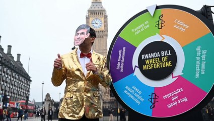 Rishi Sunak lookalike plays dystopian ‘wheel of misfortune’ outside Houses of Parliament