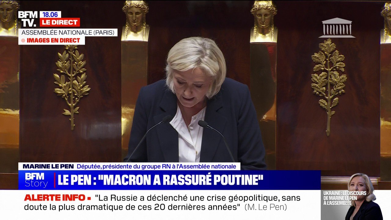 "Emmanuel Macron a finalement et malheureusement rassuré Vladimir Poutine" atteste Marine Le Pen (RN)