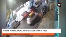 Un taxi atropelló una moto estacionada y se fugó
