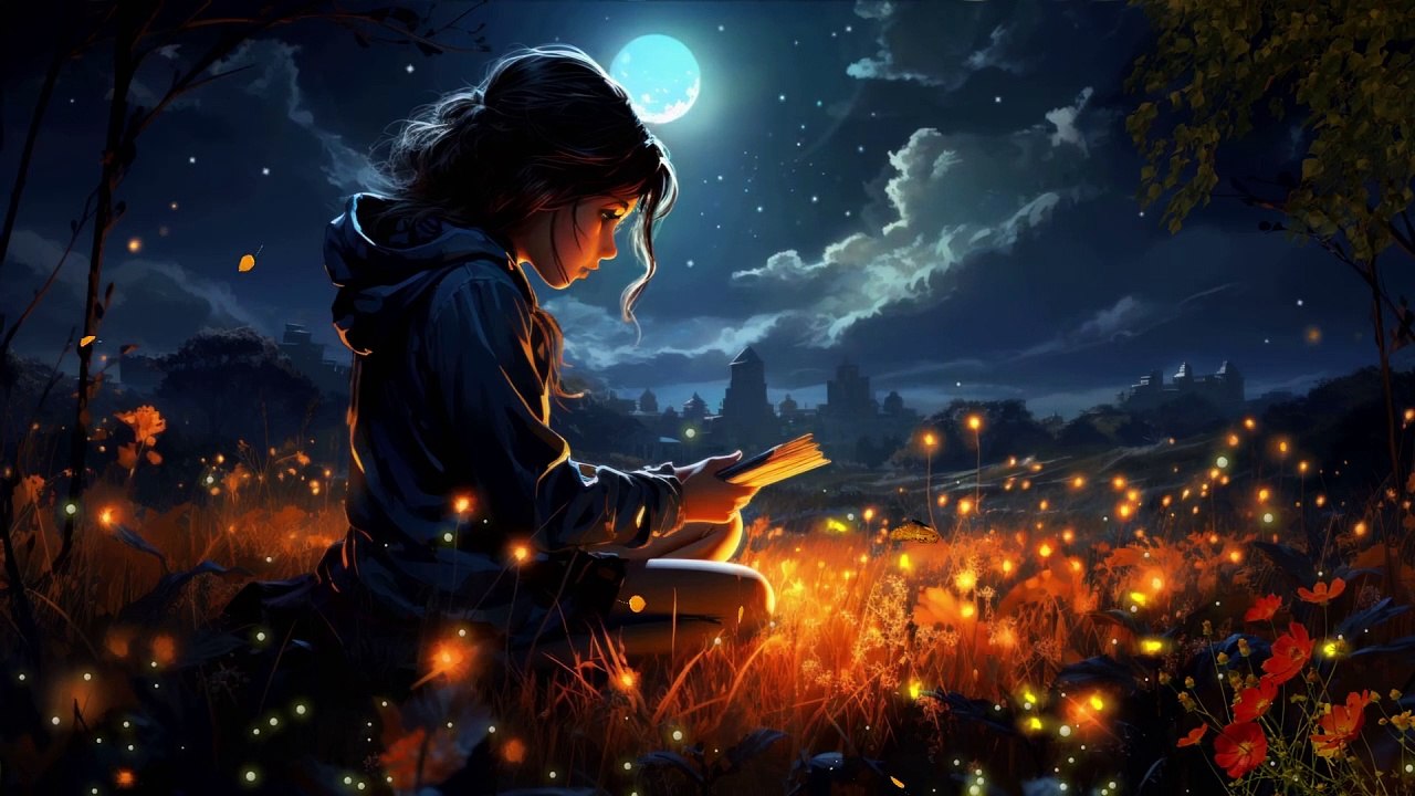 Template video Girl, Book, Fireflies - adalinetv