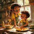 llustration image of a child 6 years old Giacomo Pascale who cooking pizza with his mother,Midjourney prompts