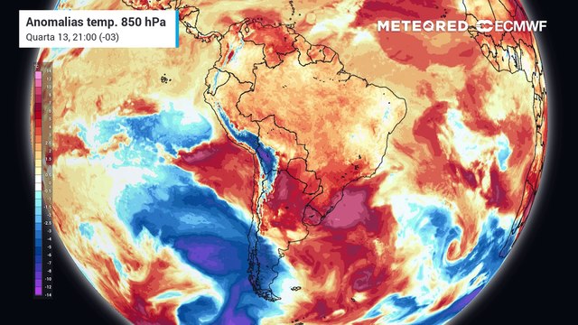 Previsão de anomalia de temperaturas a 850 hPa até sábado (16)