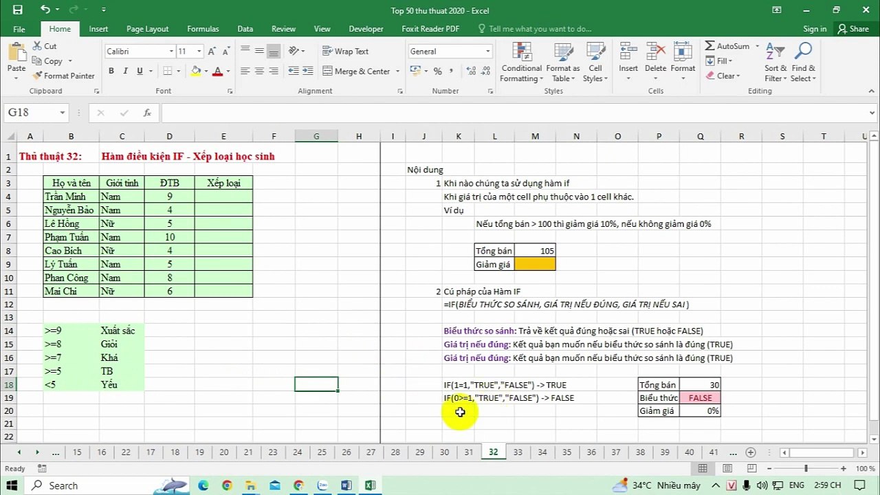 Cách dùng hàm IF trong Excel qua ví dụ xếp loại học sinh