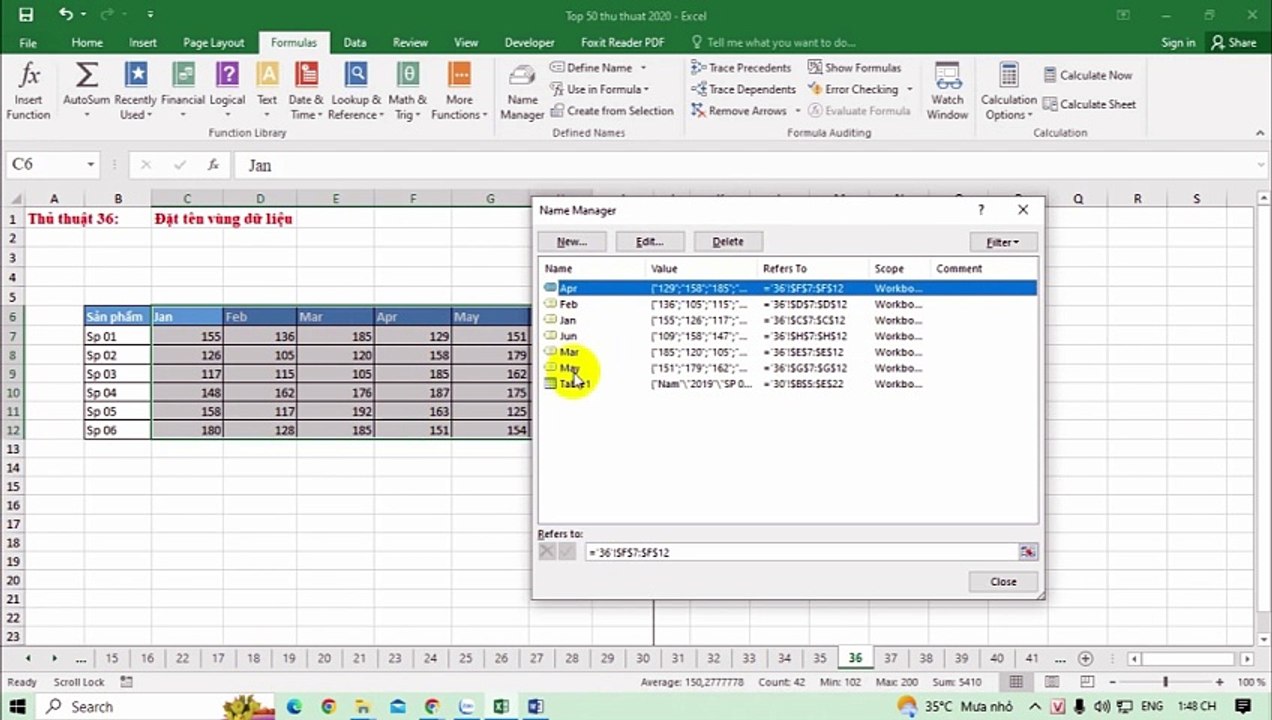 Đặt tên vùng dữ liệu và đếm cell bằng hàm Count Blank