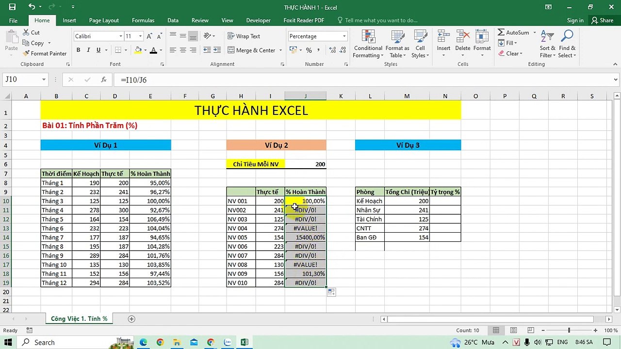 Hướng dẫn tính phần trăm % trong Excel