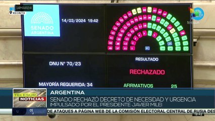 Скачать видео: Senadores argentinos votaron en contra el decreto propuesto por el presidente Javier Milei.