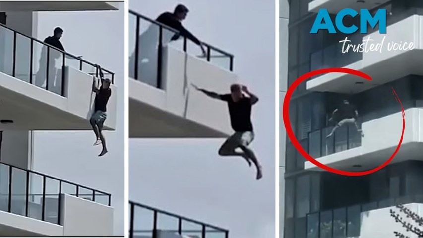 A man took a death-defying leap from a fifth-floor balcony as police negotiators tried to convince him to climb back to safety after they were called to the complex due to neighbors hearing commotion from one of the units.