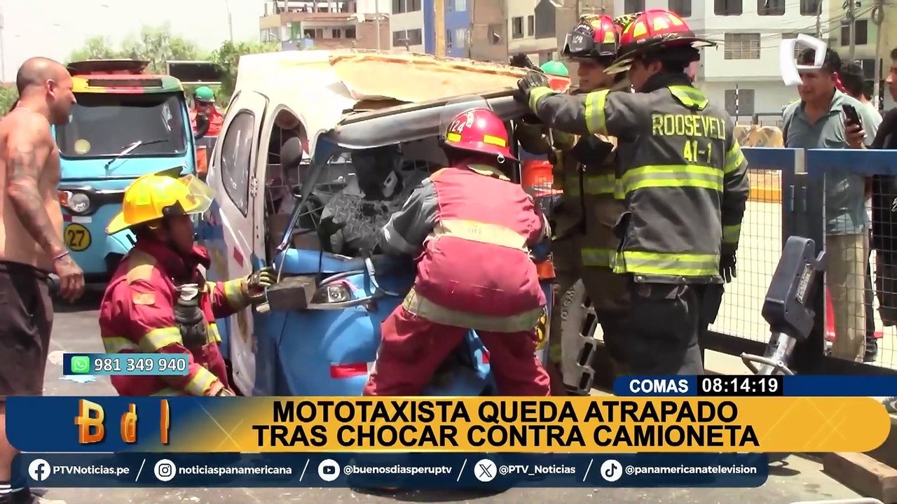Mototaxista queda atrapado tras chocar contra una camioneta en Comas: “le fallaron los frenos”