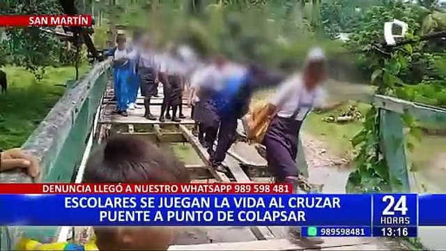 Escolares cruzan puente a punto de colapsar para llegar a su colegio