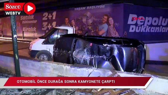 Bahçelievler'de takla atan otomobil önce durağa sonra kamyonete çarptı