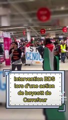 action de boycott Carrefour, pendant 1h15 à l'appel du comité BDS France Montpellier les participant;e;s à l'action ont parcouru les allées du carrefour  Clément de rivière pour appeler au boycott de l'enseigne Carrefour