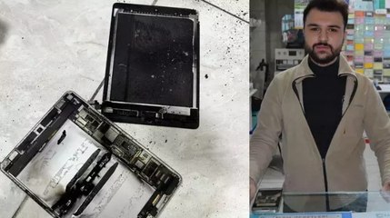 Aksaray'da tamire getirilen tabletin bataryası patlayıp alev aldı