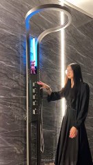 The sleek lines and polished surfaces of the shower give it a contemporary look