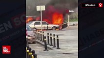 Avcılar’da yanan taksi park halindeki otomobile çarptı