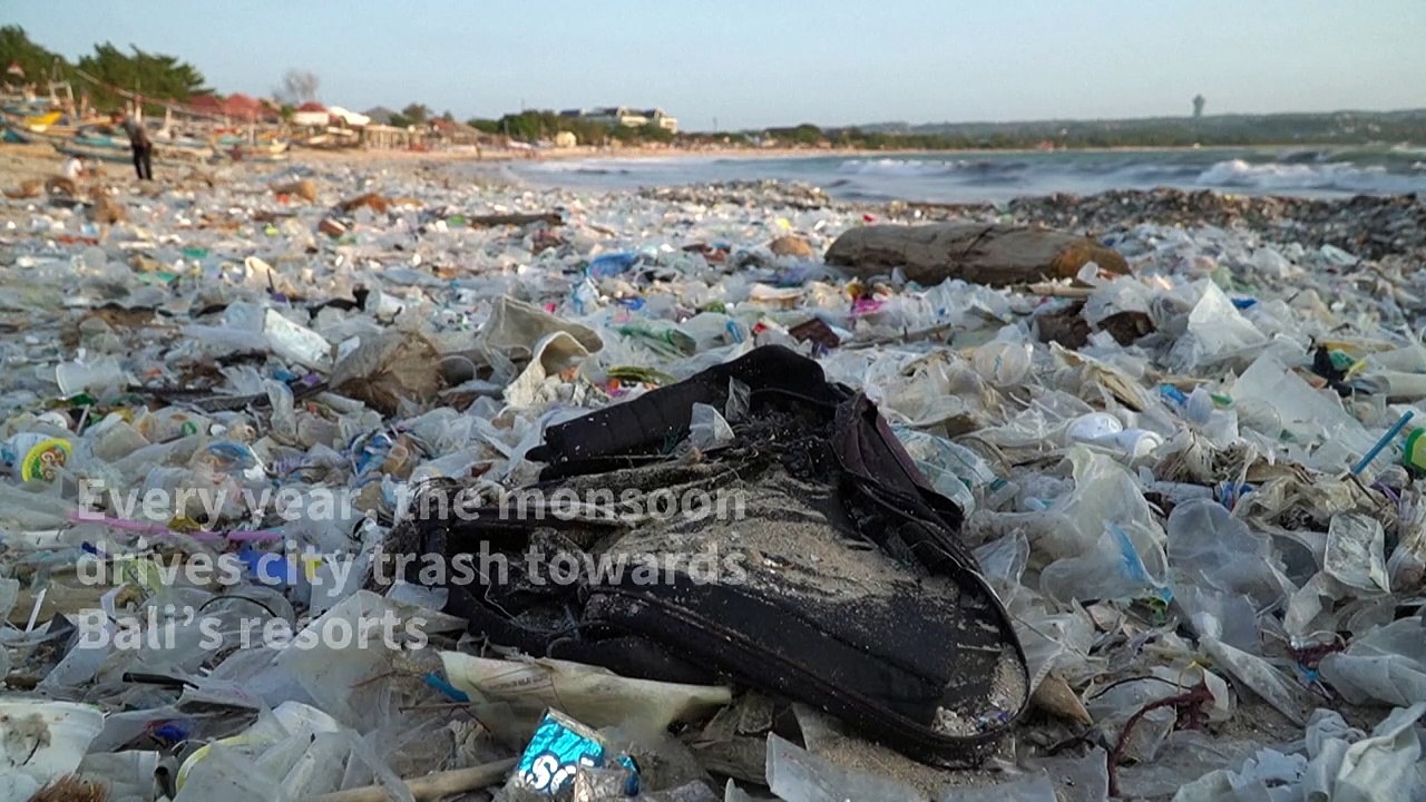 Monsoon floods Bali beach with plastic