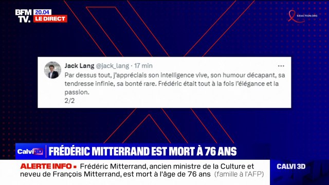 Mort de Frédéric Mitterrand: Une amitié de plus de 60 ans nous liait d'une affection inaltérable réagit Jack Lang