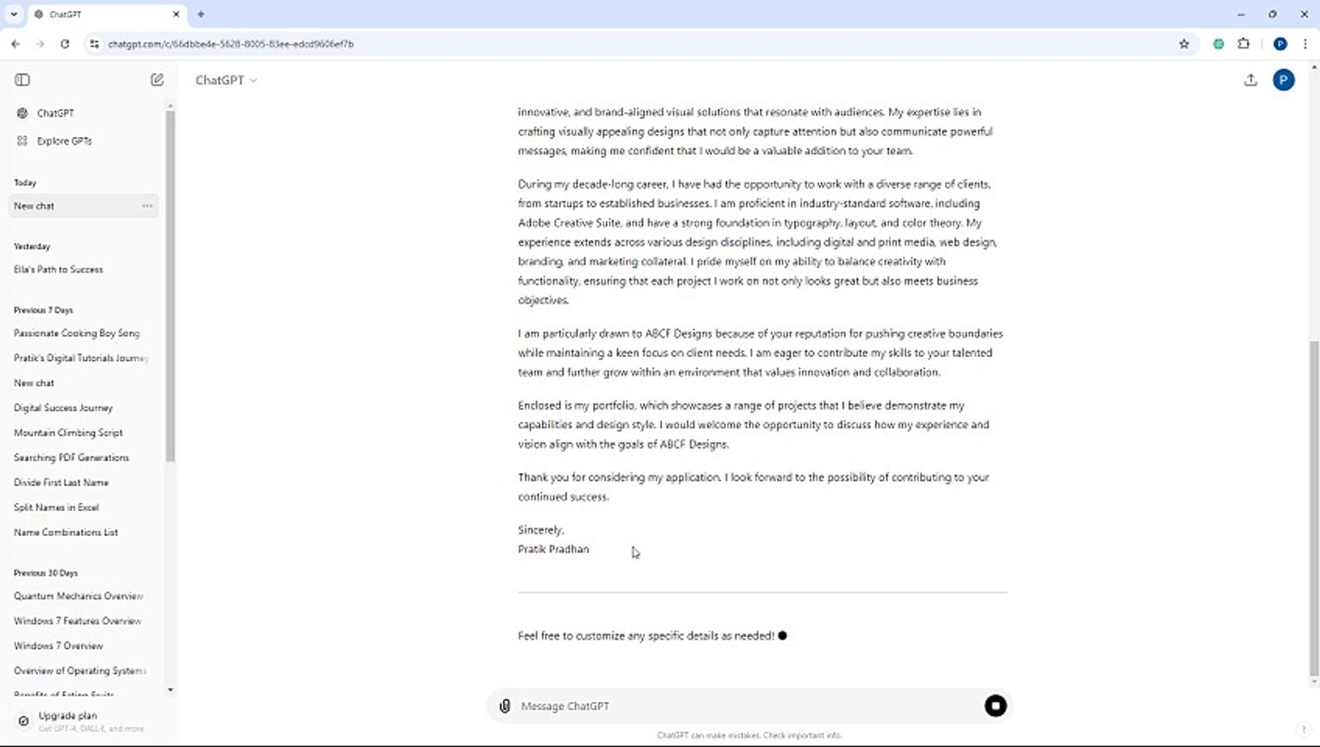 ChatGPT Course Section 44 Cover Letter Draft Generation