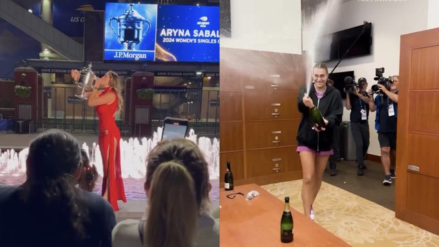 Tennis - US Open 2024 - Champagne shower and photo shoot in red dress : Aryna Sabalenka celebrates her title in New York !