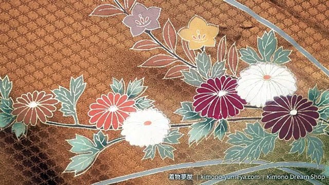 Brown & Gold Tsukesage with Hand Painted Chrysanthemums, Chinese Bellflowers, Folding Fans - Vintage High Quality Rinzu Silk - Woven Hishi Pattern