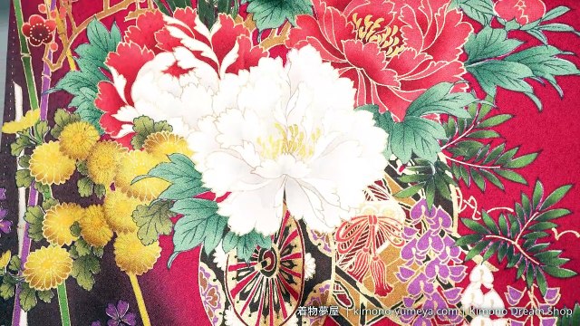 Red Floral Furisode with Chrysanthemums, Peonies, Plum Blossoms, Kikyou, Wisteria, Irises, Carnations, Flower Cart - Vintage Silk Women's Kimono
