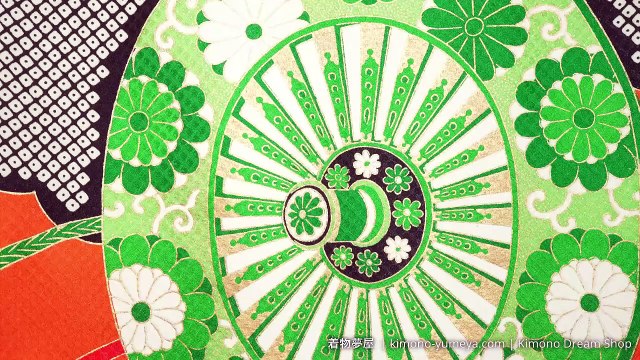 Orange Black White Vintage Silk Furisode with Kiku, Deer Fawn Spots, Wheel of Genji Motif, Vines, Marbling - Traditional Japanese Kimono For Women