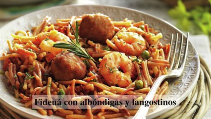 Fideuá con albóndigas y langostinos - Cocina Fácil