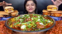 SPICY SCHEZWAN MUTTON CURRY NOODLES AND CHICKEN BURGERS WITH BUTTER CHICKEN | ASMR EATING SHOW