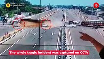 CCTV Footage A Loaded Trailer Truck Turned Turtle And Crushed The Car, 3 Killed Of A Family