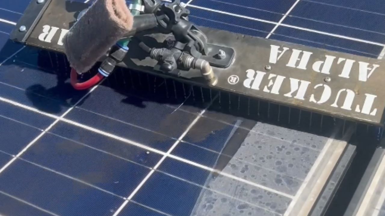 Solar panels get spotless finish with expert brushing in this satisfying cleaning video