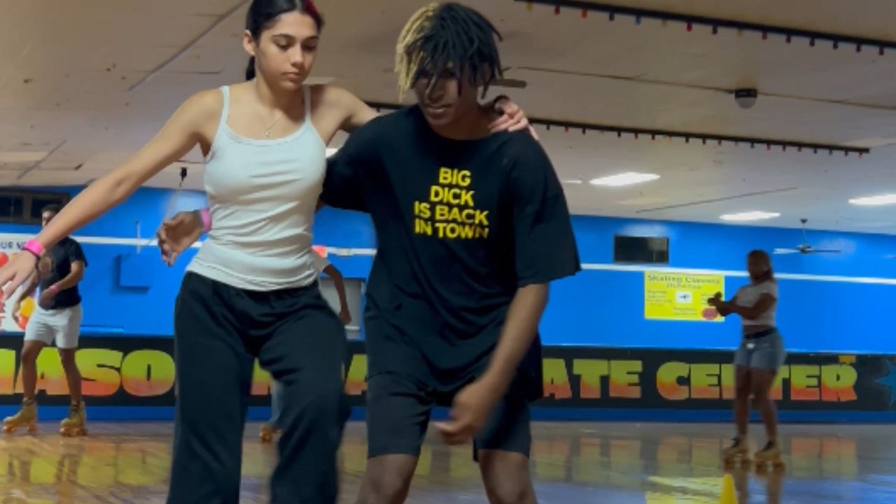 Roller-skating partners share their hilarious fails and ultimate success in acrobatic stunt