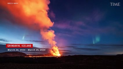 Northern Lights Shine Over Erupting Volcano in Iceland