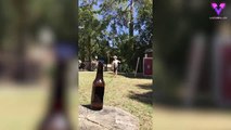 Este hombre abre una botella de cerveza usando un látigo