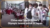 Los equipos olímpicos de China y Corea del Sur llegan a Japón