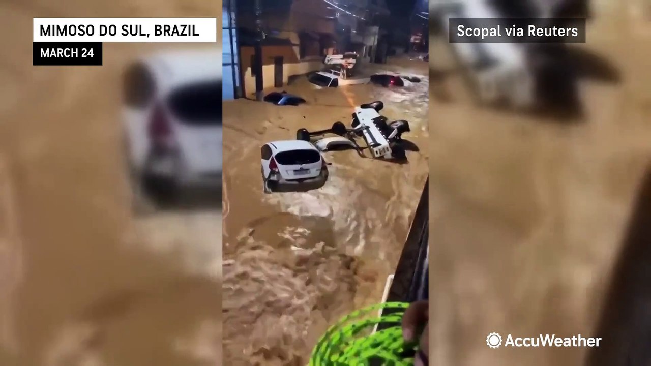 Flooding carries away vehicles in Brazilian streets