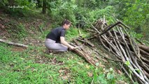 Building Complete and Warm Survival Shelter by Dry Firewood, Bushcraft Hut #78