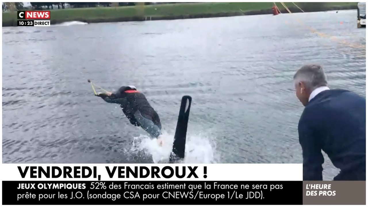 CNEWS : l'énorme chute de Jacques Vendroux en ski nautique, Pascal Praud estomaqué