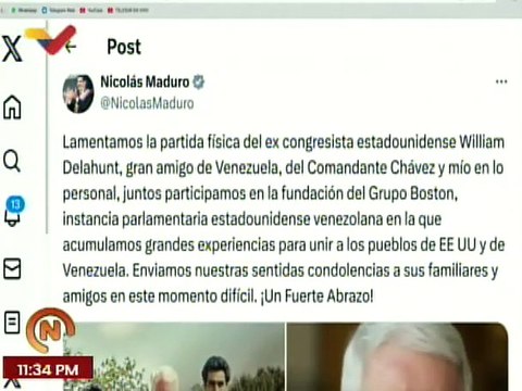 Presidente Nicolás Maduro lamenta el fallecimiento del ex congresista estadounidense William Delahunt