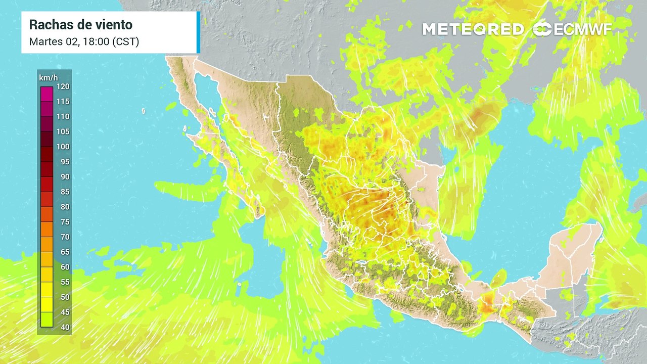 Ráfagas de viento en km/h: varias entidades con viento más fresco, brevemente.