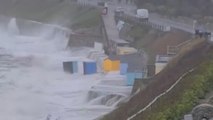 Beach huts blown into sea during Storm Pierrick