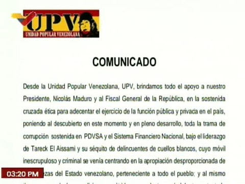 Partido UPV respalda las acciones en materia anticorrupción encabezadas por el Estado venezolano