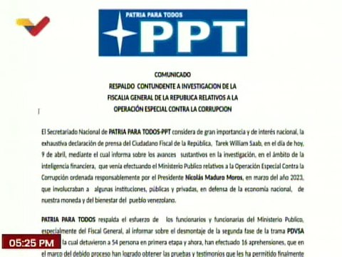 Comunicado | Partido PPT respalda las investigaciones adelantadas por el MP contra la corrupción