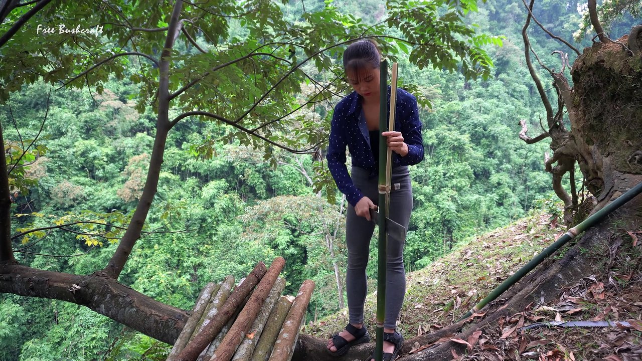 Bushcraft Camp, Build Shelter Tent on the Tree, Fried Chicken   Free Bushcraft Ep.44