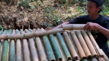 Summer camping without rain in a comfortable shelter with a stacked bamboo roof || solo camping-bushcraft