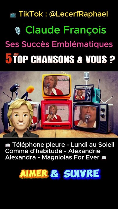 ️  Claude François -  Ses Grands Succès Emblématiques - 〽️ Mon TOP 5 CHANSONS & VOUS QU'ELLE EST VOTRE CHANSON PRÉFÉRÉE ❓ A vos commentaires ✏️