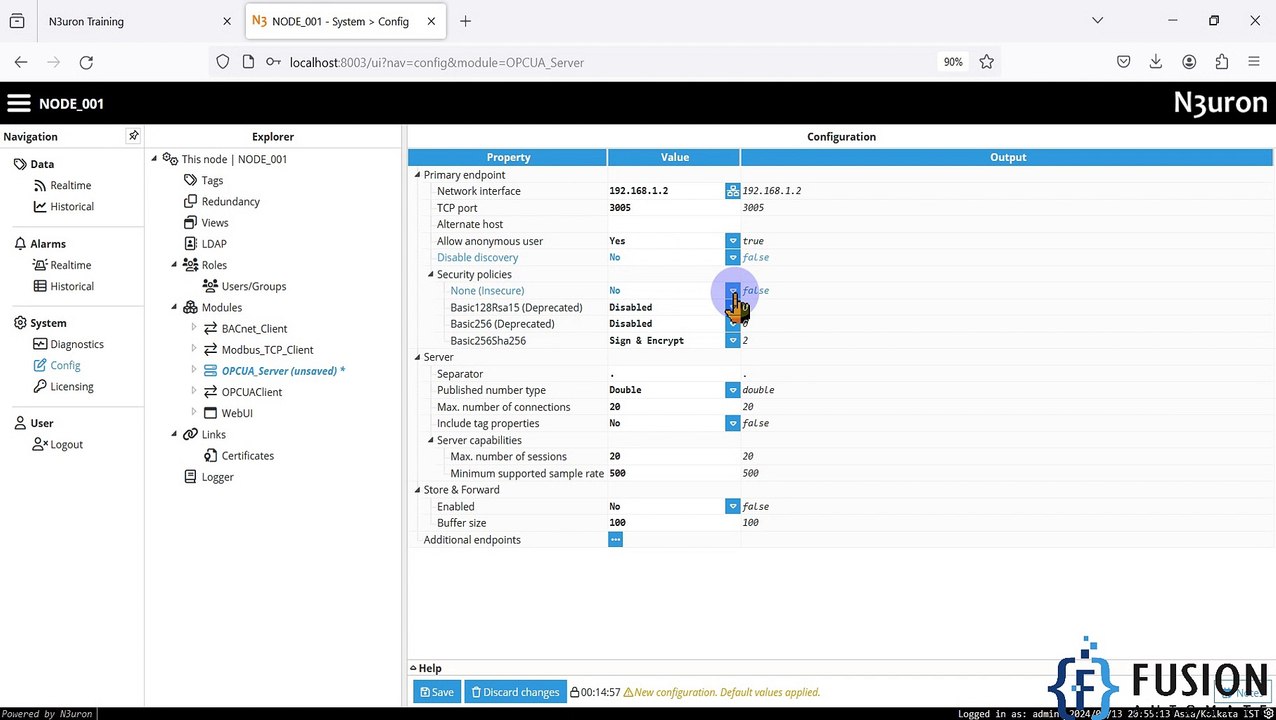 Setup OPCUA Server in N3uron to Expose all data collected through any data acquisition module |