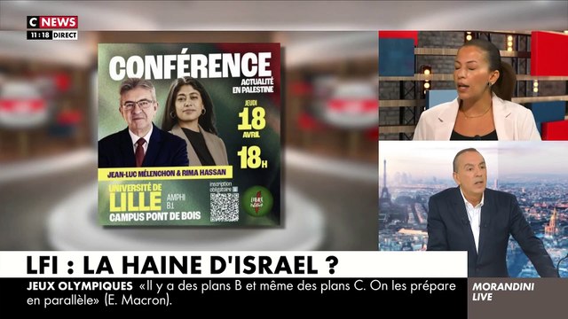 Gros accrochage sur le plateau de Morandini Live avec une élue LFI à propos du logo sur l’affiche de Mélenchon qui fait disparaitre Israël en prônant Palestine libre - Regardez