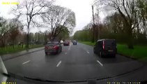 Tree falls in road narrowly missing passing cars
